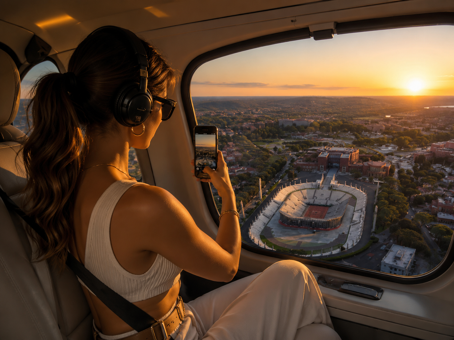 Passeggera in cuffia fotografa il Foro Italico dal finestrino di un elicottero privato al tramonto